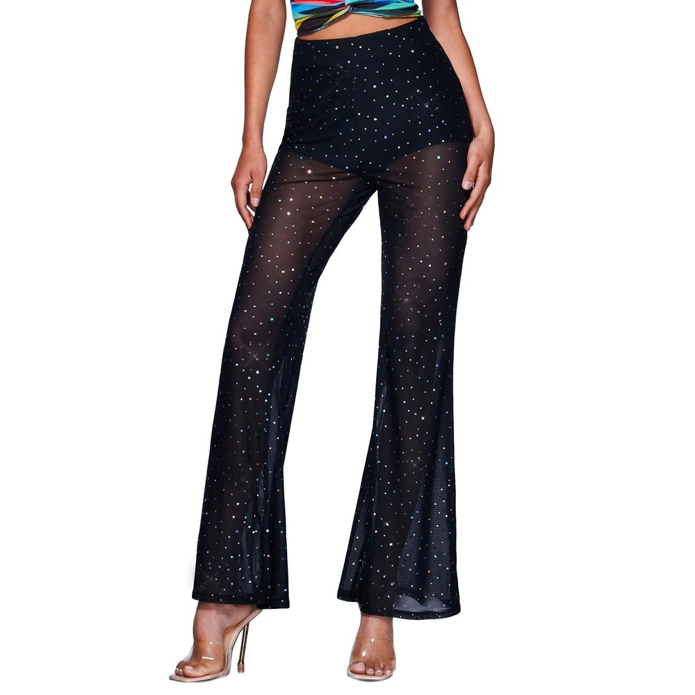 NWT WDIRARA Womens Contrast Sequin Mesh Sheer High Waist Flare Pants Black SM